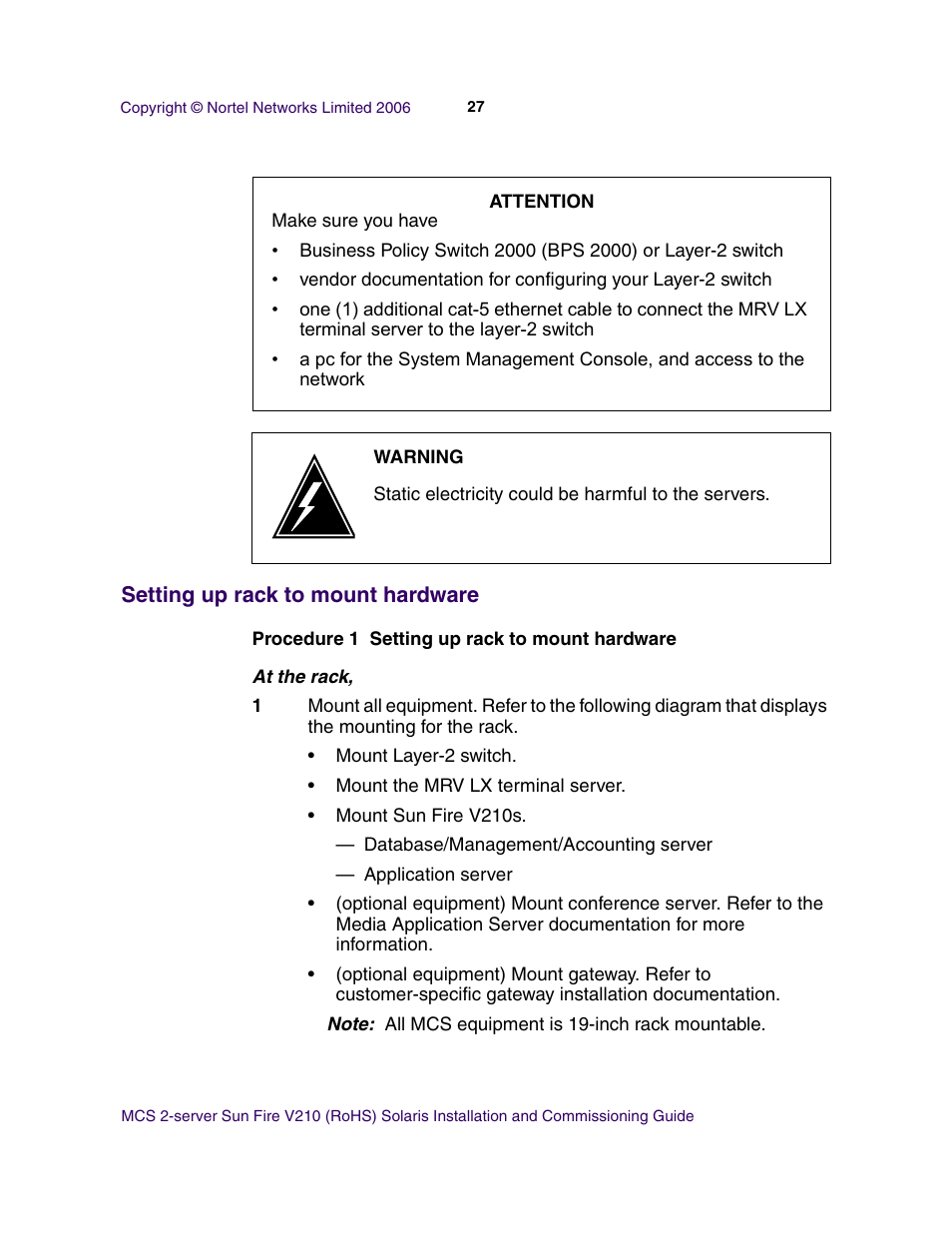 Setting up rack to mount hardware | Nortel Networks Sun Fire V210 (RoHS) User Manual | Page 27 / 176