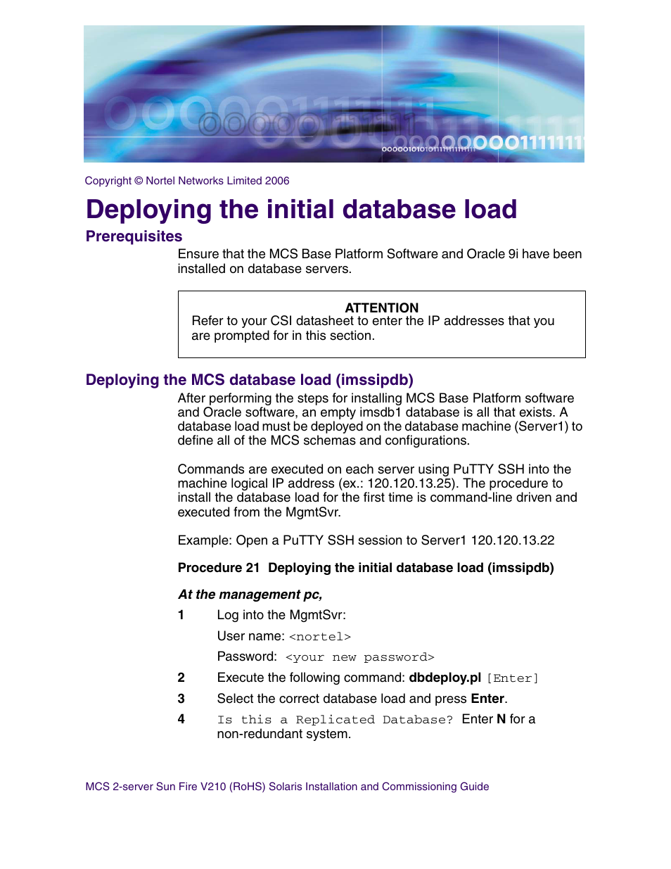 Deploying the initial database load, Prerequisites, Deploying the mcs database load (imssipdb) | Deploying the initial database load prerequisites | Nortel Networks Sun Fire V210 (RoHS) User Manual | Page 75 / 176