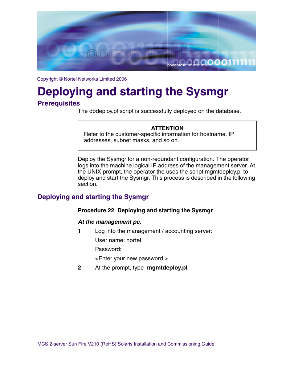 Deploying and starting the sysmgr, Prerequisites, Deploying and starting the sysmgr prerequisites | Nortel Networks Sun Fire V210 (RoHS) User Manual | Page 77 / 176
