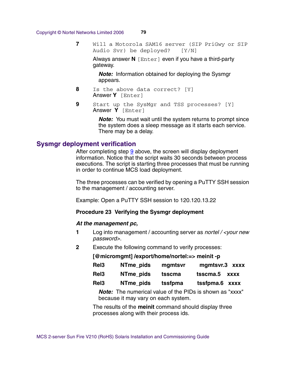 Sysmgr deployment verification | Nortel Networks Sun Fire V210 (RoHS) User Manual | Page 79 / 176