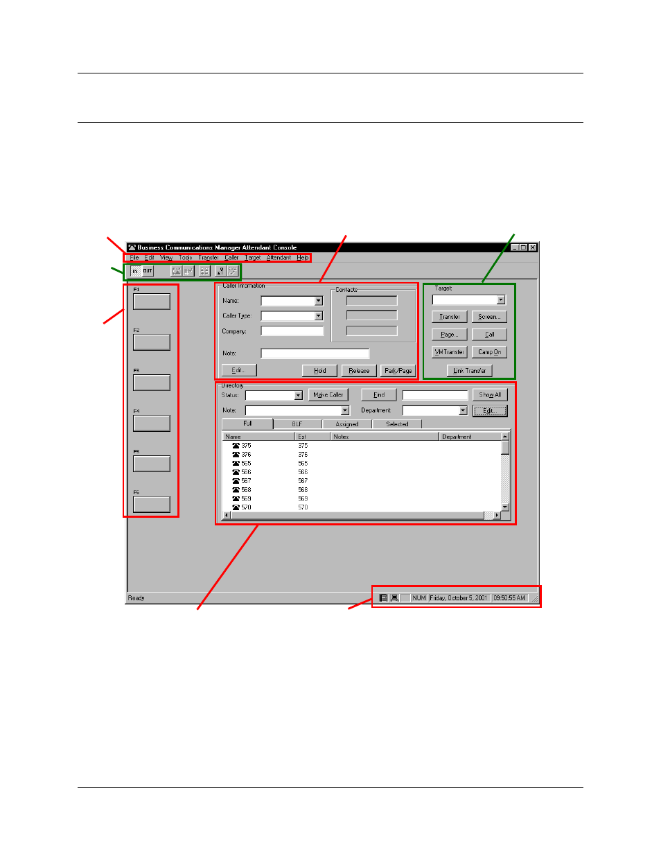 Chapter 3, Using the attendant console window, Components of the attendant console window | Chapter 3 using the attendant console window | Nortel Networks Attendant Console User Manual | Page 23 / 96