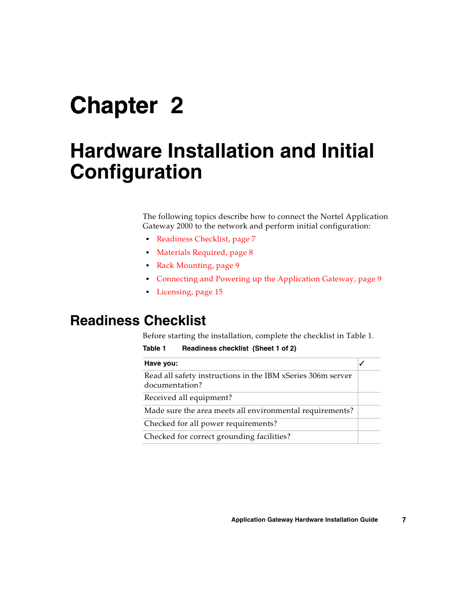 Hardware installation and initial configuration, Readiness checklist, C h a p t e r | Chapter 2, Chapter | Nortel Networks 2000 User Manual | Page 15 / 28