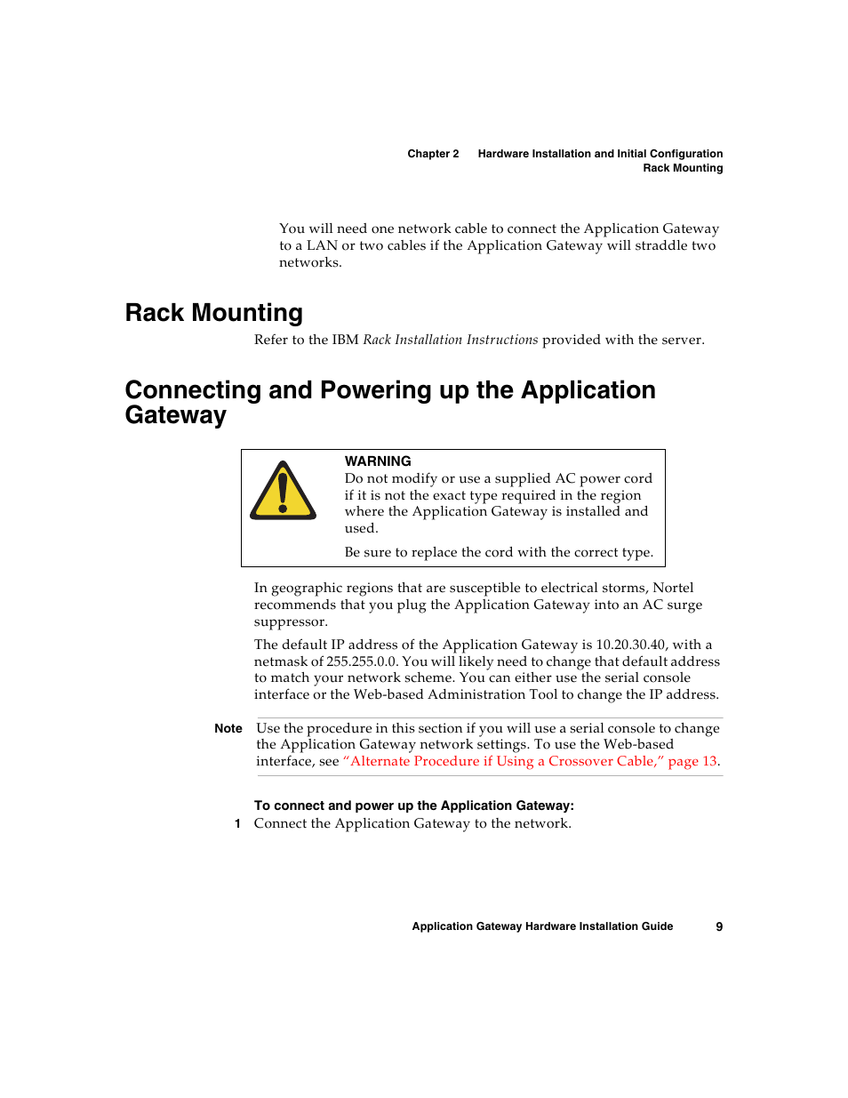 Rack mounting, Connecting and powering up the application gateway | Nortel Networks 2000 User Manual | Page 17 / 28