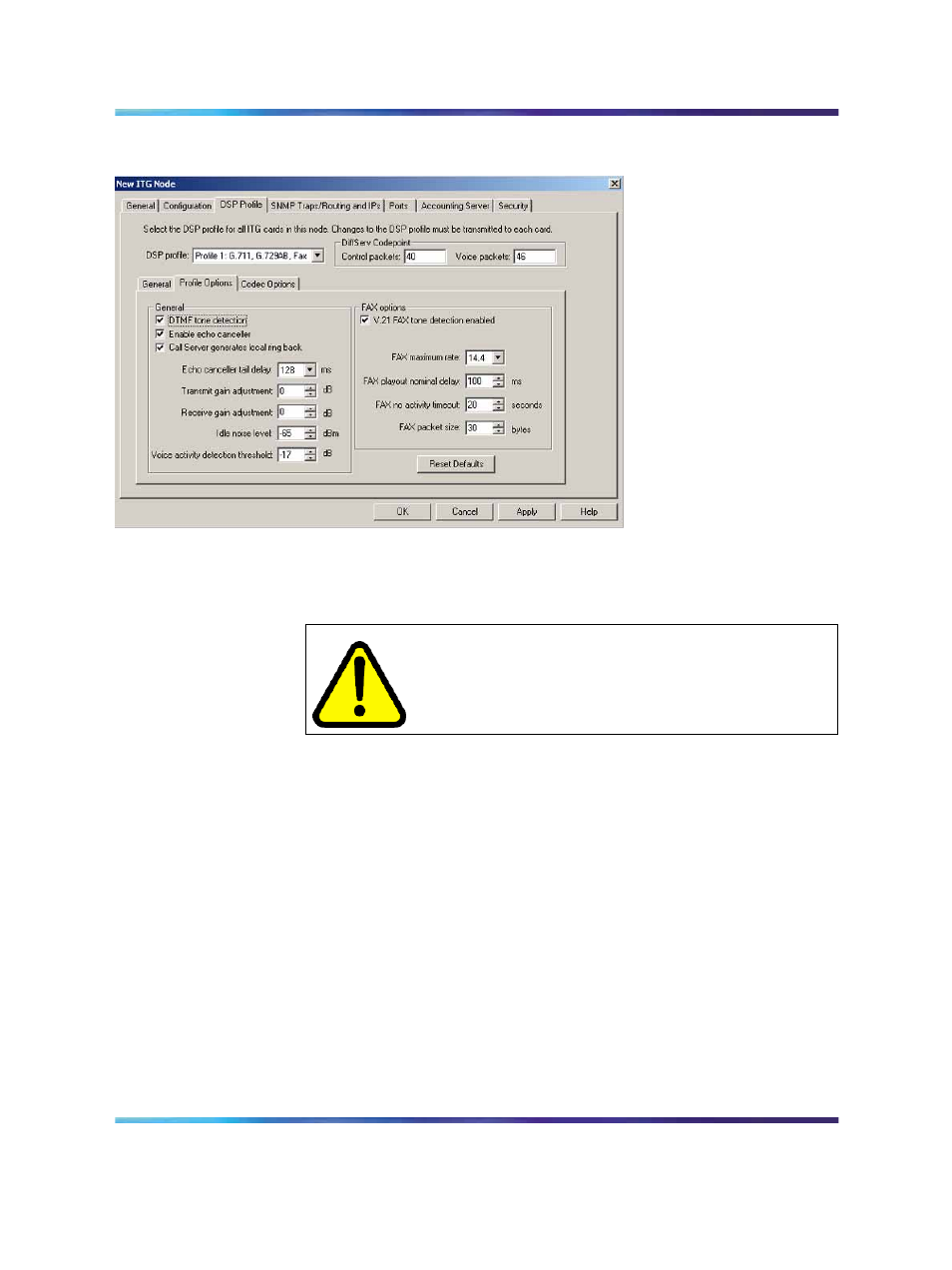 Figure 54 dsp profile profile options tab, Figure 54 "dsp profile – profile, Caution | Nortel Networks NN43001-563 User Manual | Page 244 / 490