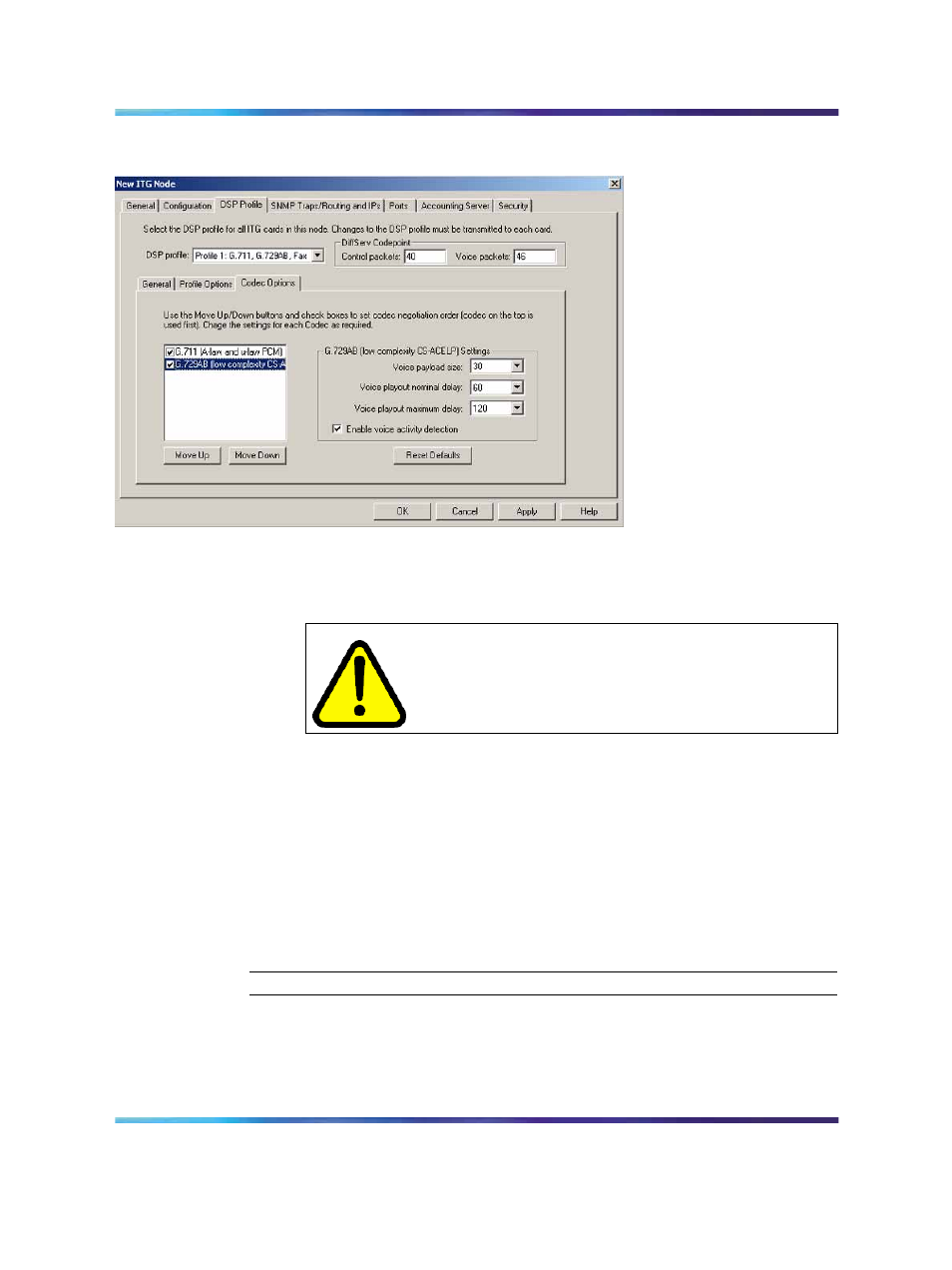 Figure 55 dsp profile codec options tab, Figure 55 "dsp, Step 8 | Figure 55 "dsp profile – codec, Caution | Nortel Networks NN43001-563 User Manual | Page 245 / 490