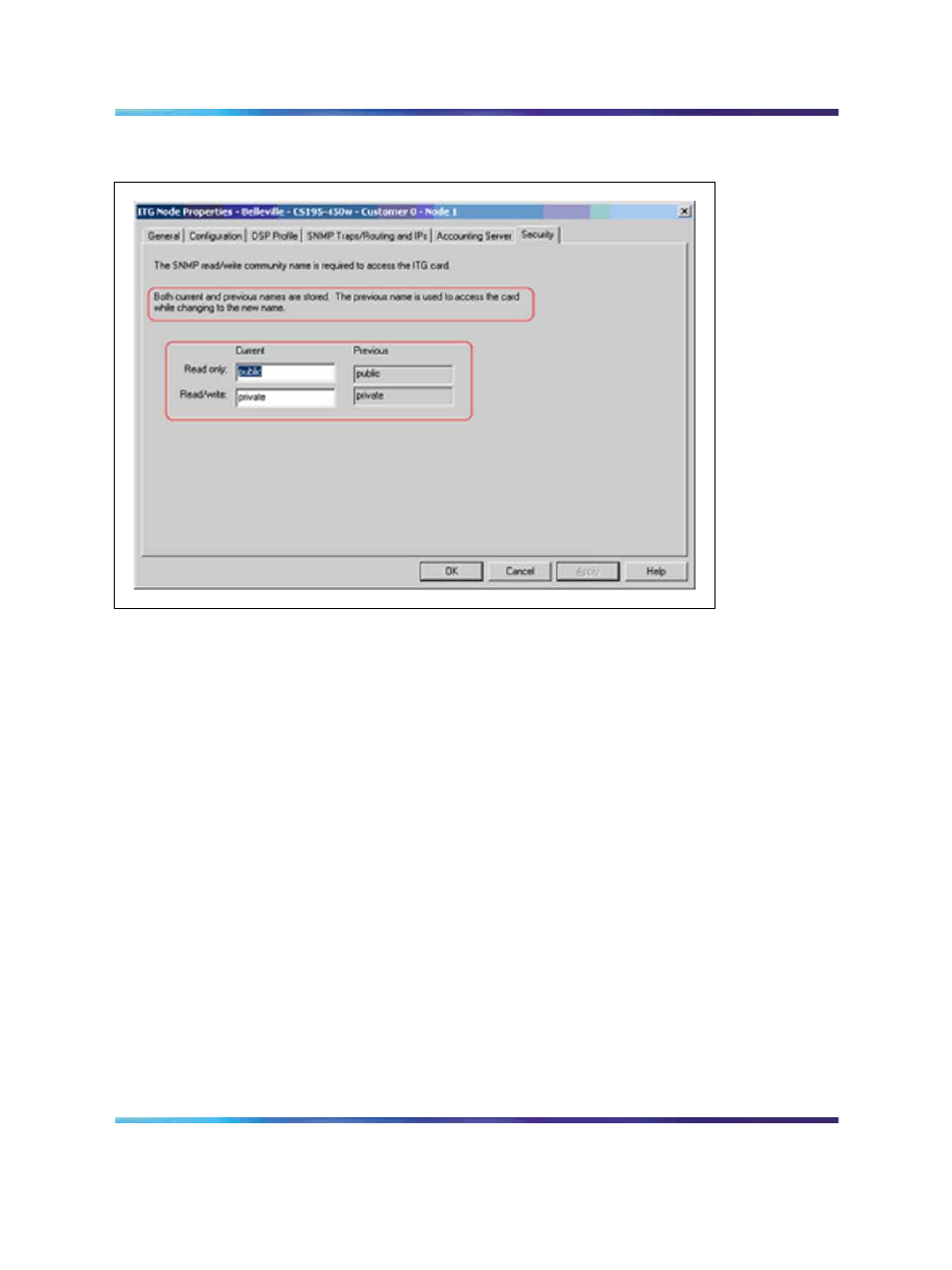 Exit node property configuration session, Figure 58 itg node properties security tab | Nortel Networks NN43001-563 User Manual | Page 251 / 490