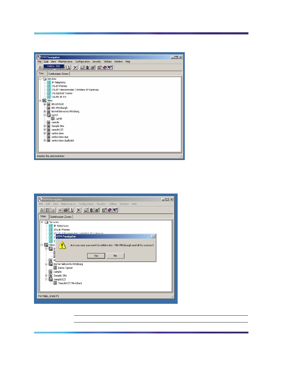 Figure 74 alternative method of deleting a site, Figure 75 confirm deletion | Nortel Networks NN43001-563 User Manual | Page 288 / 490