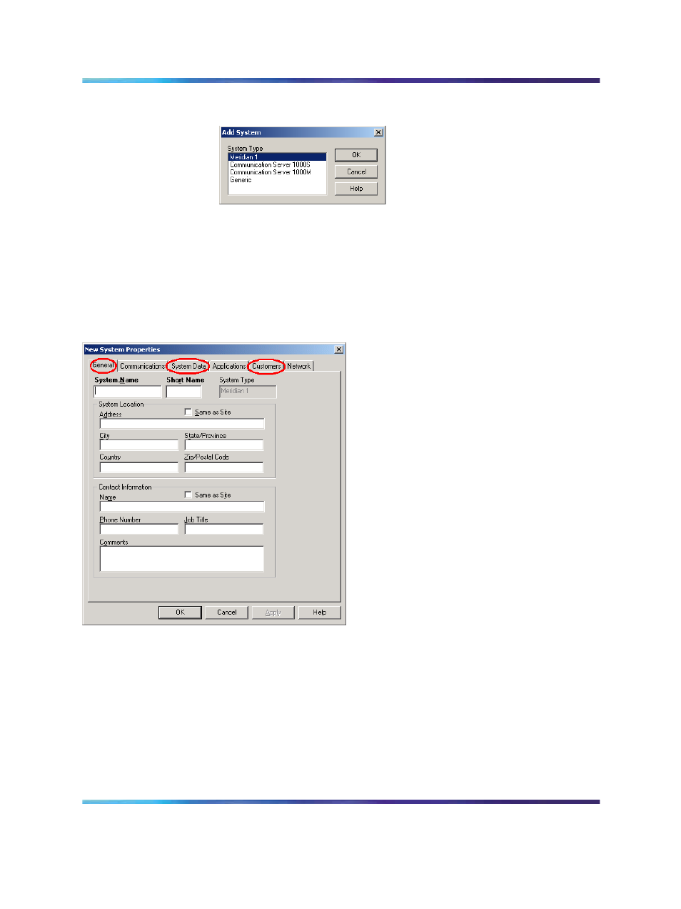 Figure 78 select a system type, Figure 79 empty new system properties window, Figure 78 | Nortel Networks NN43001-563 User Manual | Page 291 / 490