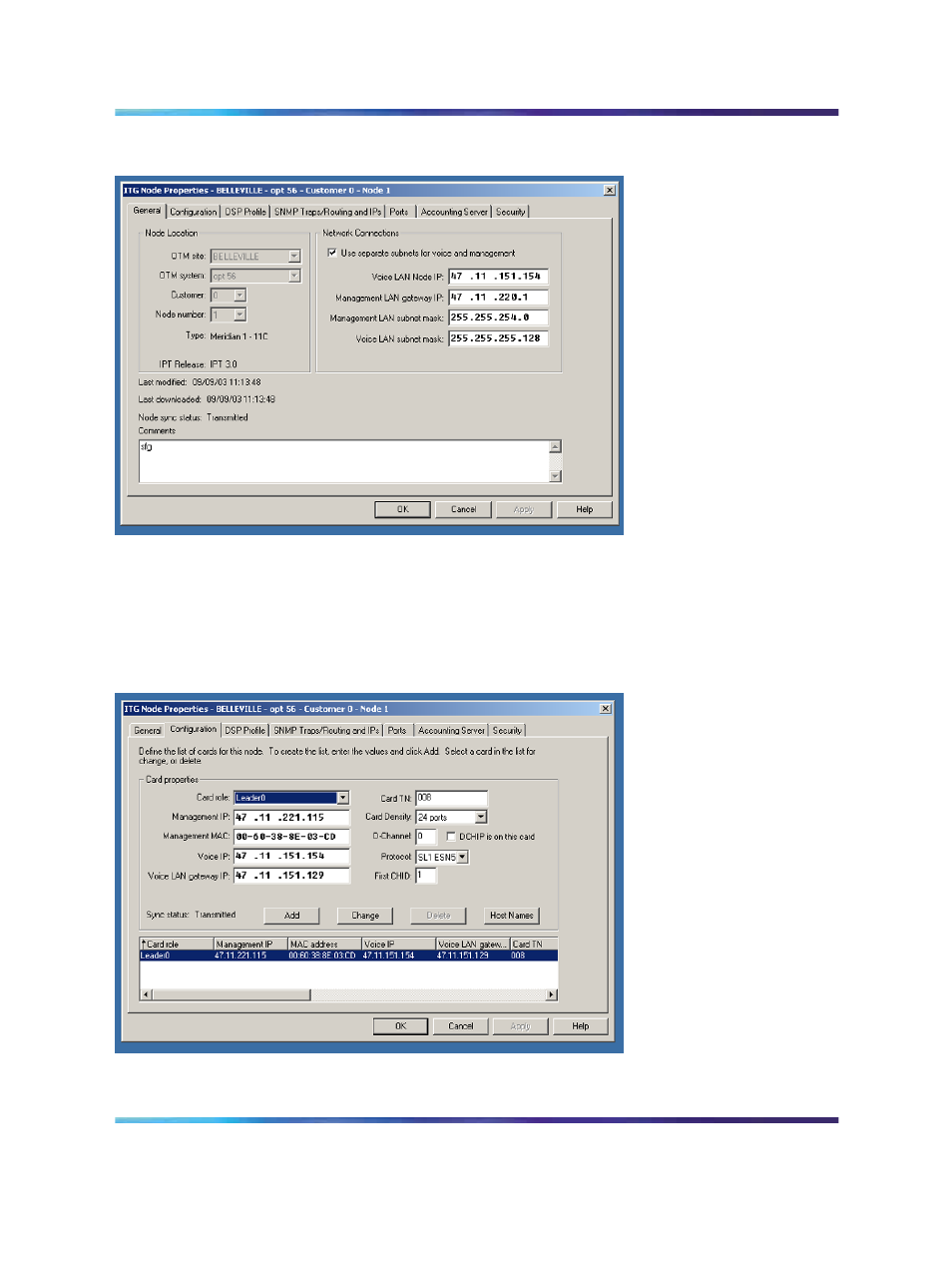 Figure 104 itg node properties general tab, Figure 105 itg node properties configuration tab, Figure 104 "itg node properties | Nortel Networks NN43001-563 User Manual | Page 313 / 490