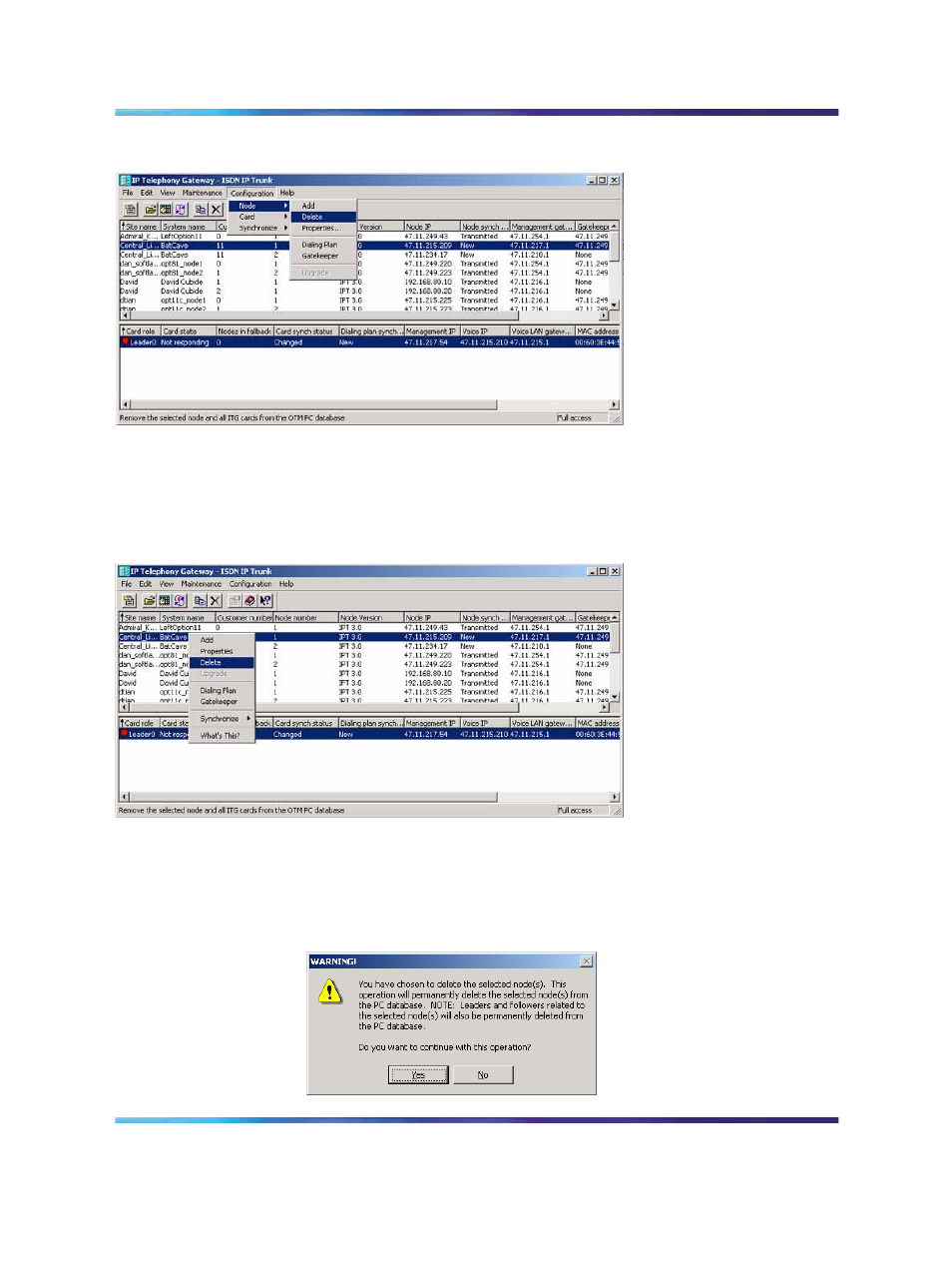 Figure 110 delete a node, Figure 111 alternative method of deleting a node, Figure 112 confirm the node deletion | Figure | Nortel Networks NN43001-563 User Manual | Page 317 / 490