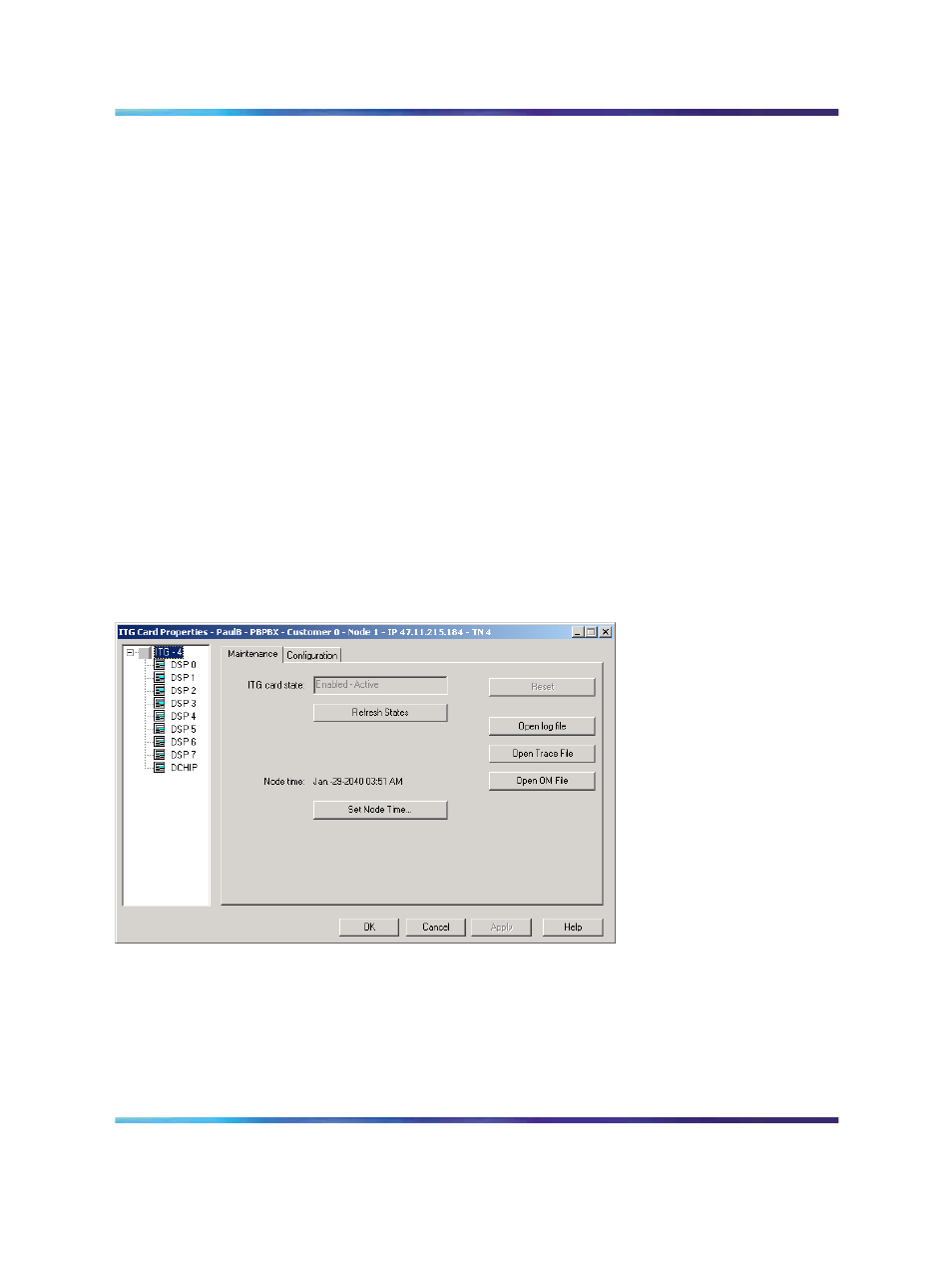 Itg card properties window, Itg card properties maintenance window, Figure 138 itg card properties maintenance tab | Nortel Networks NN43001-563 User Manual | Page 345 / 490