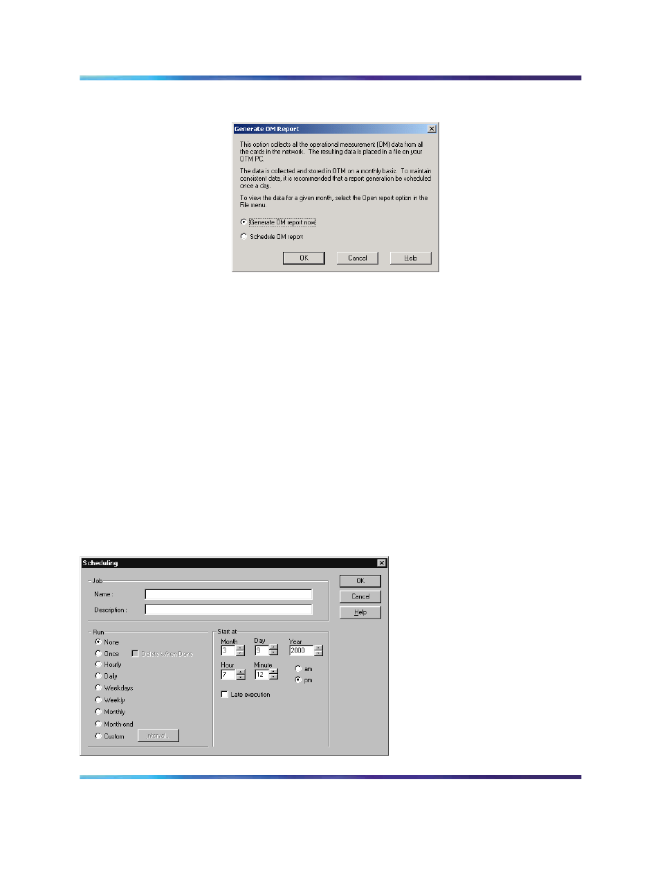 Figure 144 generate om report, Figure 145 om report scheduling window | Nortel Networks NN43001-563 User Manual | Page 357 / 490