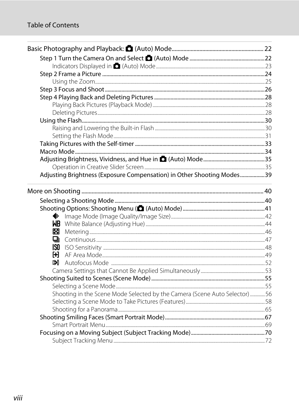 Viii | Nortel Networks COOLPIX S8000 User Manual | Page 10 / 184