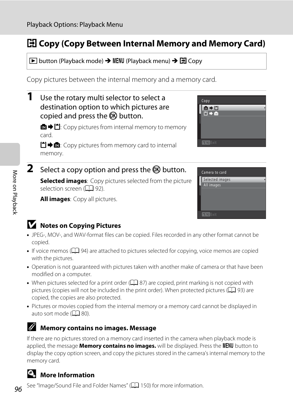 A 96), A 96, Select a copy option and press the k button | Nortel Networks COOLPIX S8000 User Manual | Page 108 / 184
