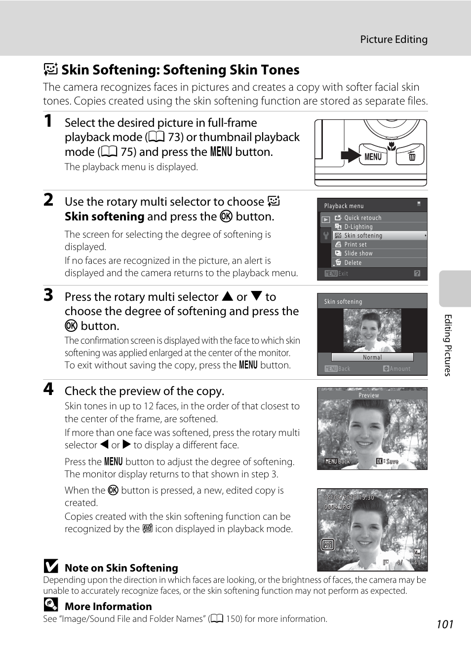 Skin softening: softening skin tones, E skin softening: softening skin tones, A 101) | A 101, Check the preview of the copy | Nortel Networks COOLPIX S8000 User Manual | Page 113 / 184