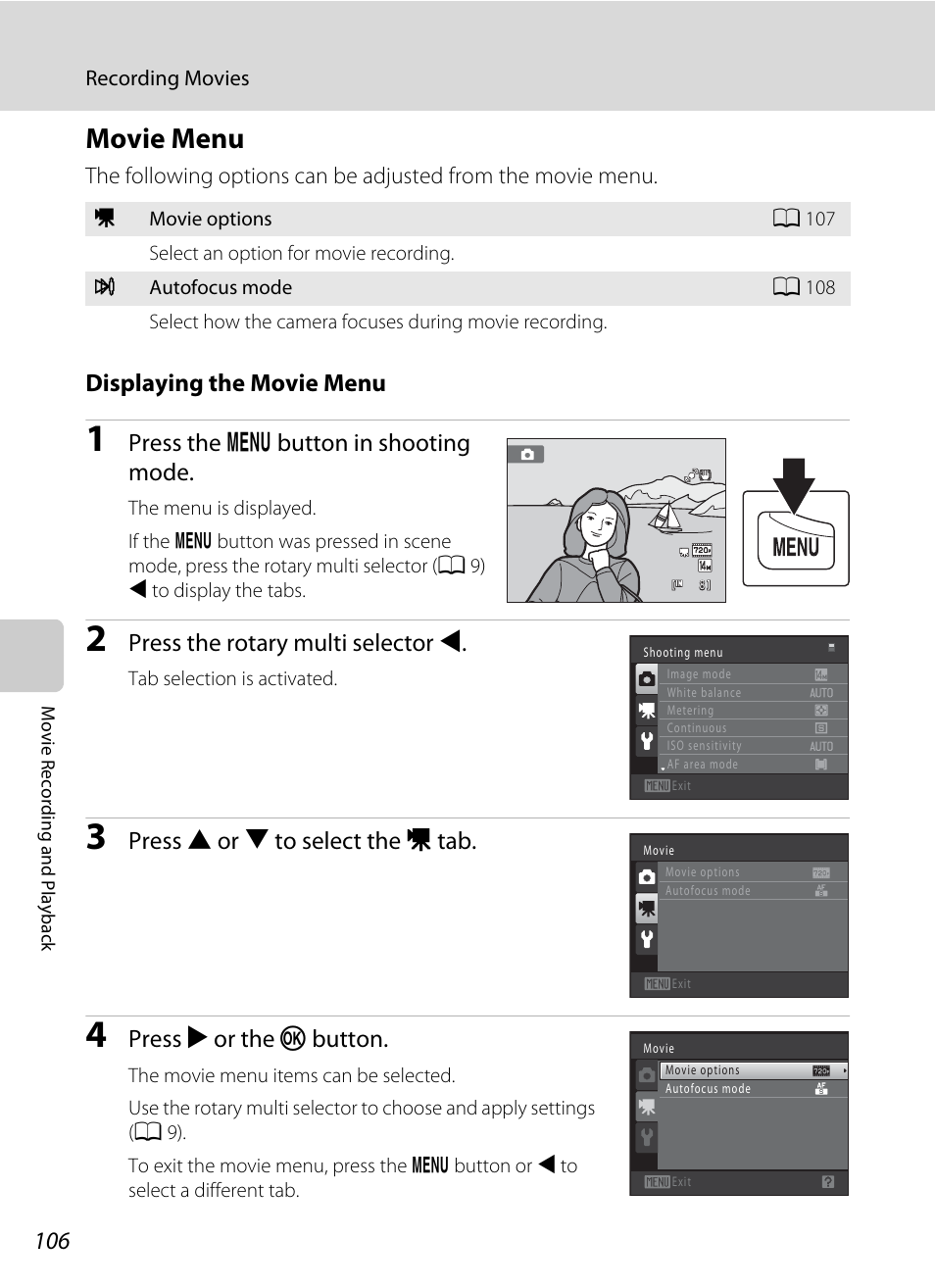 Movie menu, A 106) | Nortel Networks COOLPIX S8000 User Manual | Page 118 / 184