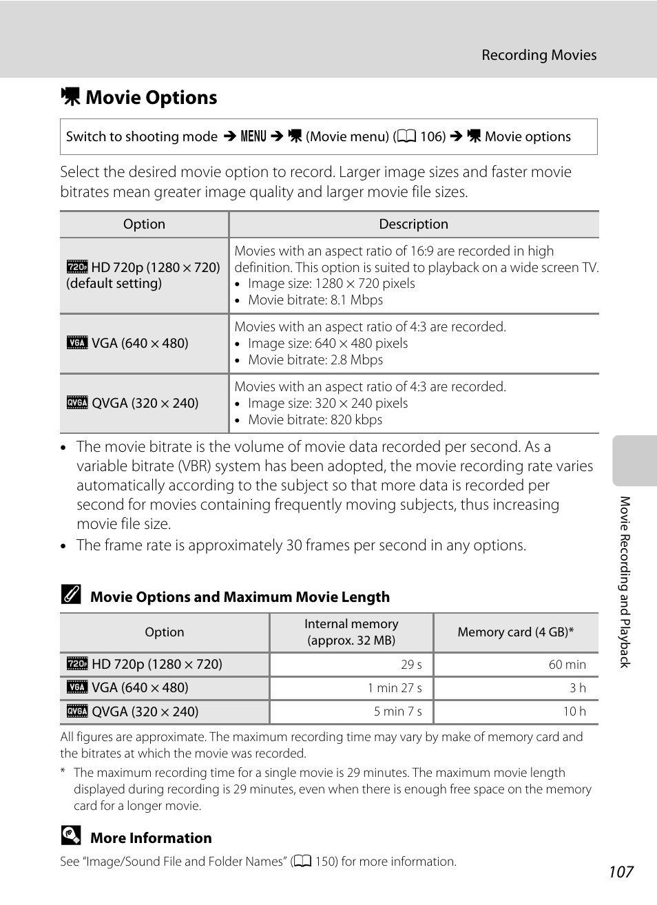 Movie options, D movie options, A 107) | A 107 | Nortel Networks COOLPIX S8000 User Manual | Page 119 / 184