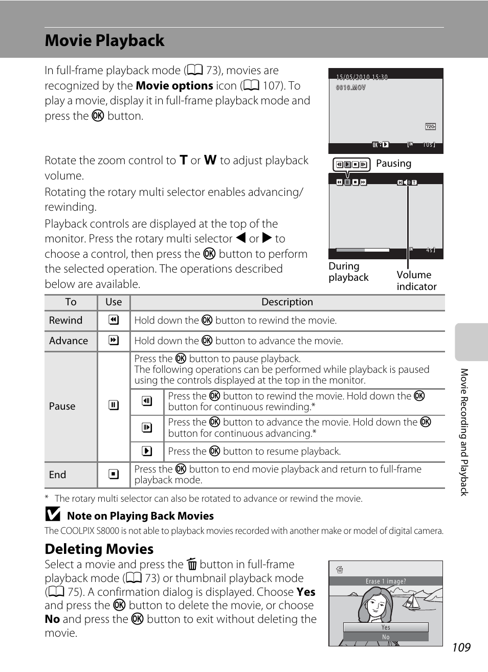 Movie playback, Deleting movies | Nortel Networks COOLPIX S8000 User Manual | Page 121 / 184