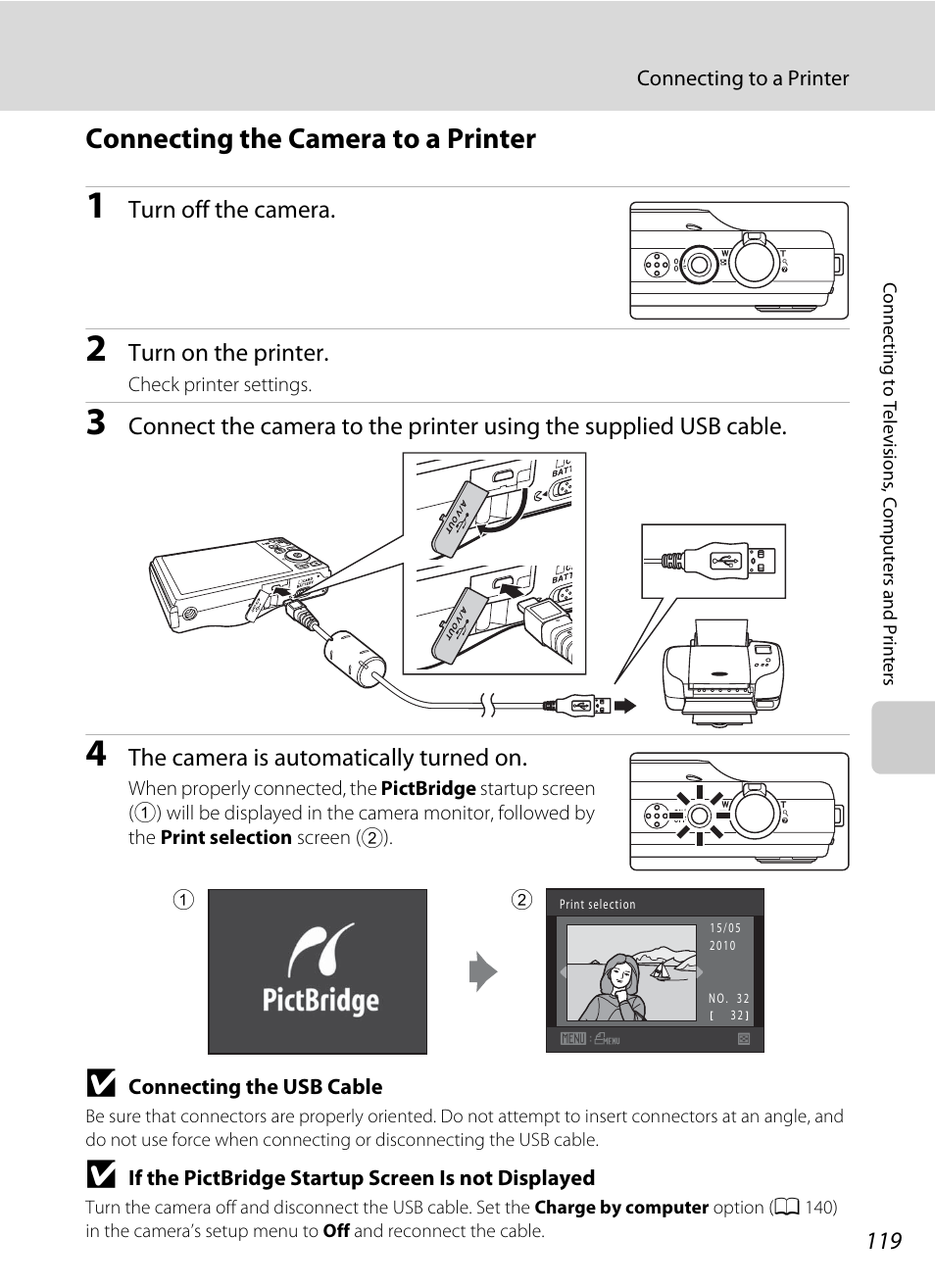 Connecting the camera to a printer, A 119) | Nortel Networks COOLPIX S8000 User Manual | Page 131 / 184