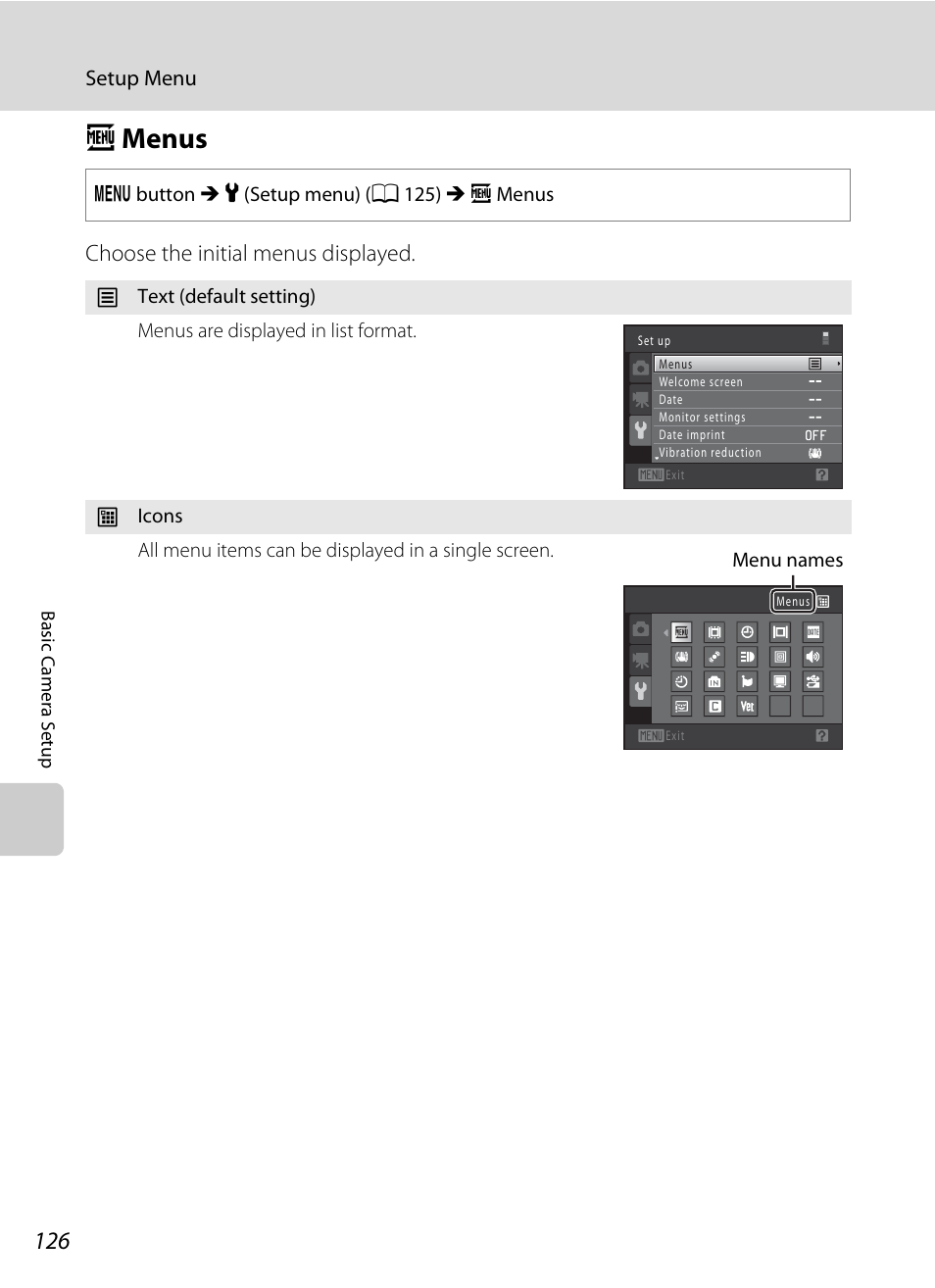 Menus, A menus, A 126 | Choose the initial menus displayed | Nortel Networks COOLPIX S8000 User Manual | Page 138 / 184