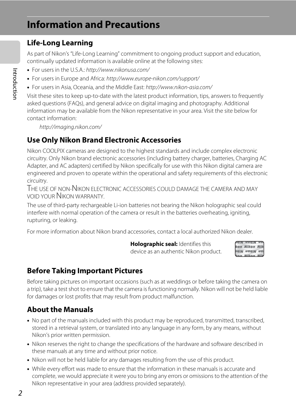 Information and precautions, Life-long learning, Use only nikon brand electronic accessories | Before taking important pictures, About the manuals | Nortel Networks COOLPIX S8000 User Manual | Page 14 / 184