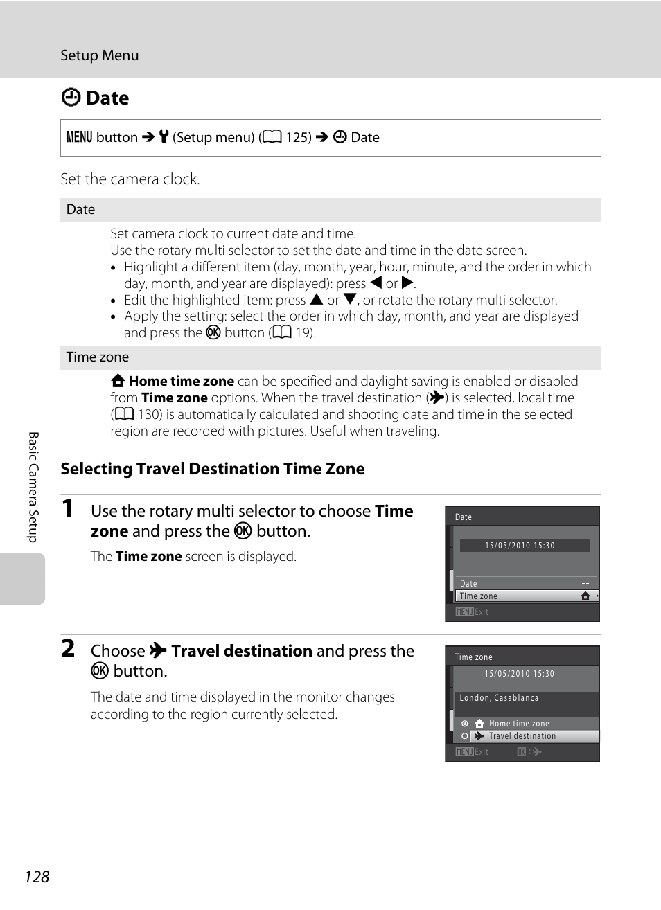 Date, D date, A 128) | A 128, Selecting travel destination time zone, Choose x travel destination and press the k button | Nortel Networks COOLPIX S8000 User Manual | Page 140 / 184