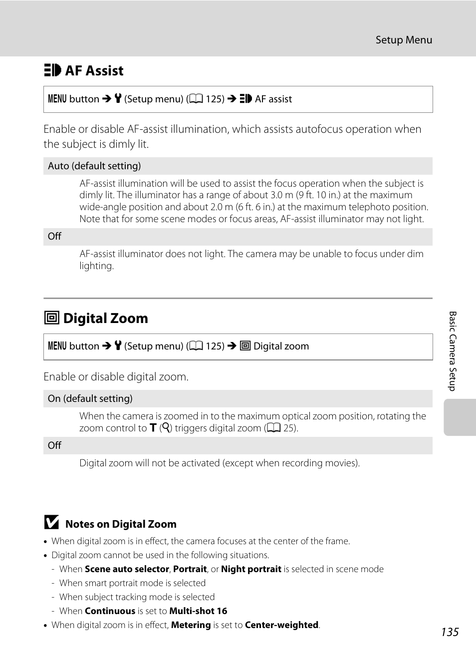 Af assist, Digital zoom, H af assist u digital zoom | A 135) in, Illuminator, A 135), Ee “notes on digital zoom, A 135) does not, A 135, H af assist | Nortel Networks COOLPIX S8000 User Manual | Page 147 / 184