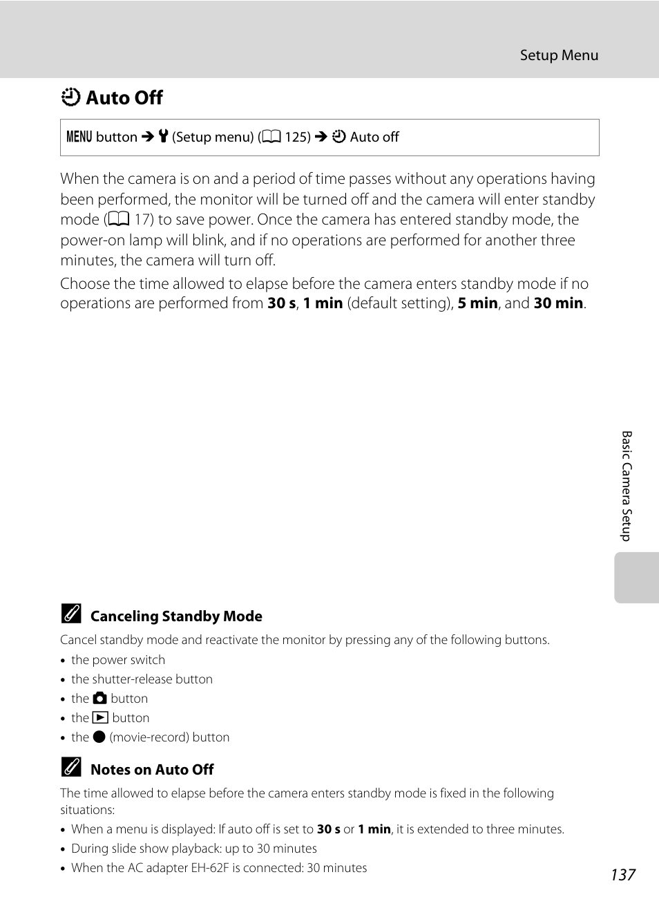 Auto off, K auto off, A 137) | A 137) in, A 137) i, A 137 | Nortel Networks COOLPIX S8000 User Manual | Page 149 / 184
