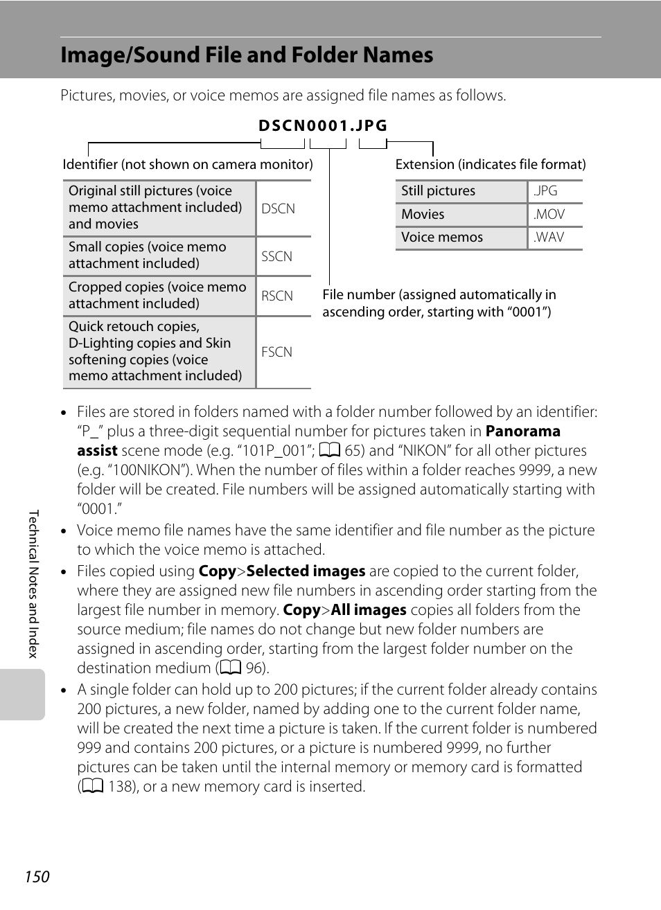 Image/sound file and folder names, A 150) for, A 150). the editing f | Rrent file number, A 150) from memory | Nortel Networks COOLPIX S8000 User Manual | Page 162 / 184