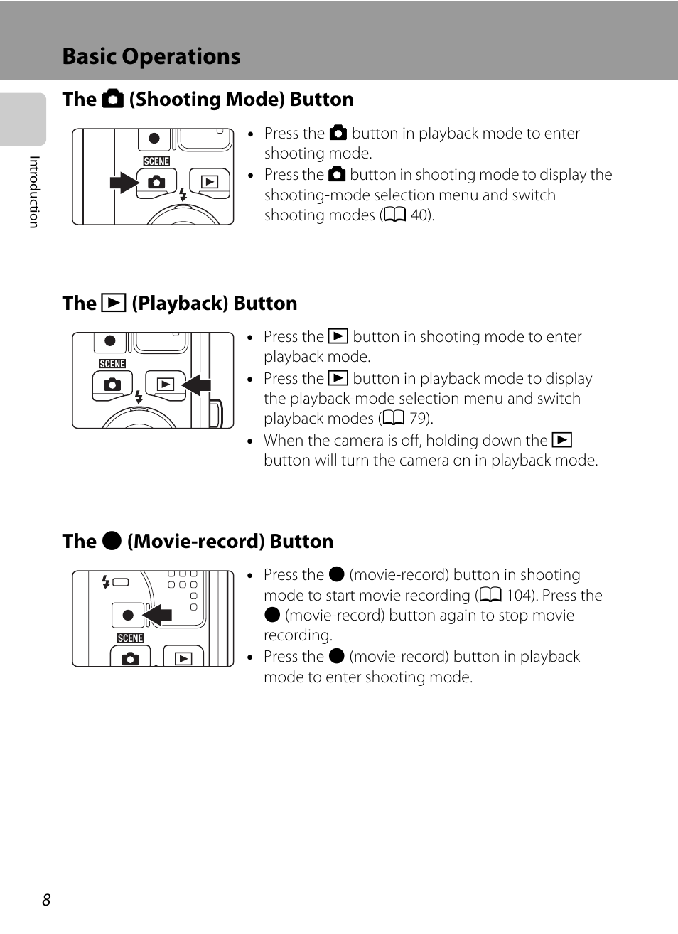 Basic operations, The shooting mode button, The playback button | The movie-record button, The a (shooting mode) button the, C (playback) button, B (movie-record) button | Nortel Networks COOLPIX S8000 User Manual | Page 20 / 184