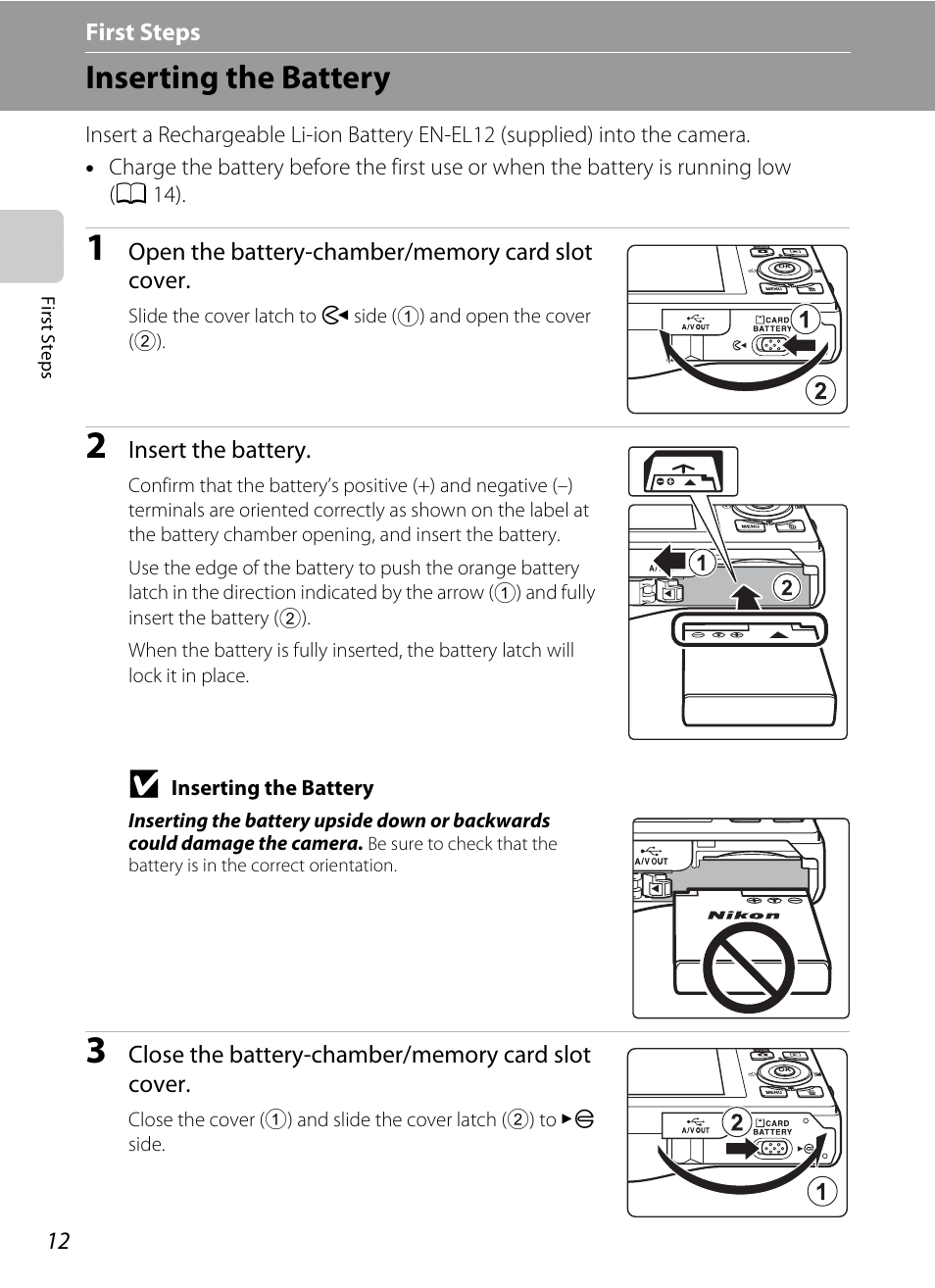 First steps, Inserting the battery | Nortel Networks COOLPIX S8000 User Manual | Page 24 / 184