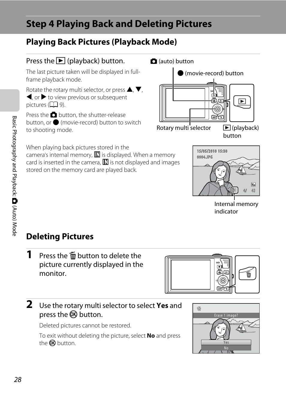 Step 4 playing back and deleting pictures, Playing back pictures (playback mode), Deleting pictures | Press the c (playback) button | Nortel Networks COOLPIX S8000 User Manual | Page 40 / 184