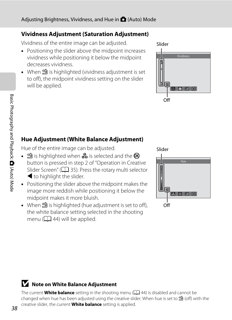 Vividness adjustment (saturation adjustment), A 38), Hue adjustment (white balance adjustment) | Nortel Networks COOLPIX S8000 User Manual | Page 50 / 184