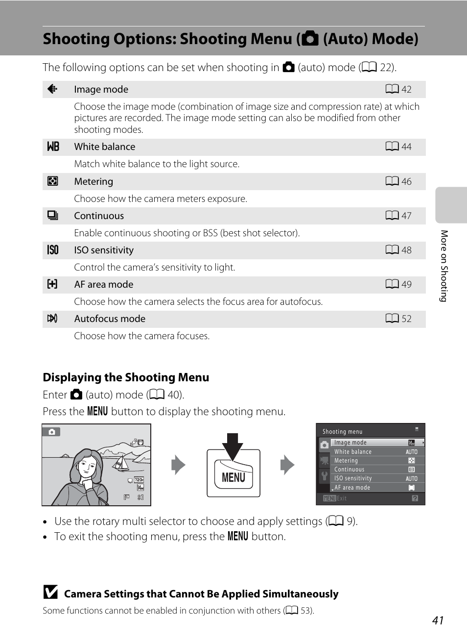 Shooting options: shooting menu (auto mode), Shooting options: shooting menu (a (auto) mode), A 41) accor | A 41), Shooting options: shooting menu ( a (auto) mode), Displaying the shooting menu | Nortel Networks COOLPIX S8000 User Manual | Page 53 / 184