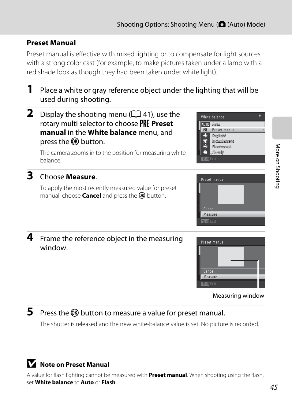 Preset manual” for more, A 45), Preset manual | Choose measure, Frame the reference object in the measuring window | Nortel Networks COOLPIX S8000 User Manual | Page 57 / 184