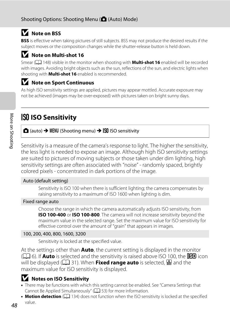 Iso sensitivity, E iso sensitivity, A 48 | Nortel Networks COOLPIX S8000 User Manual | Page 60 / 184