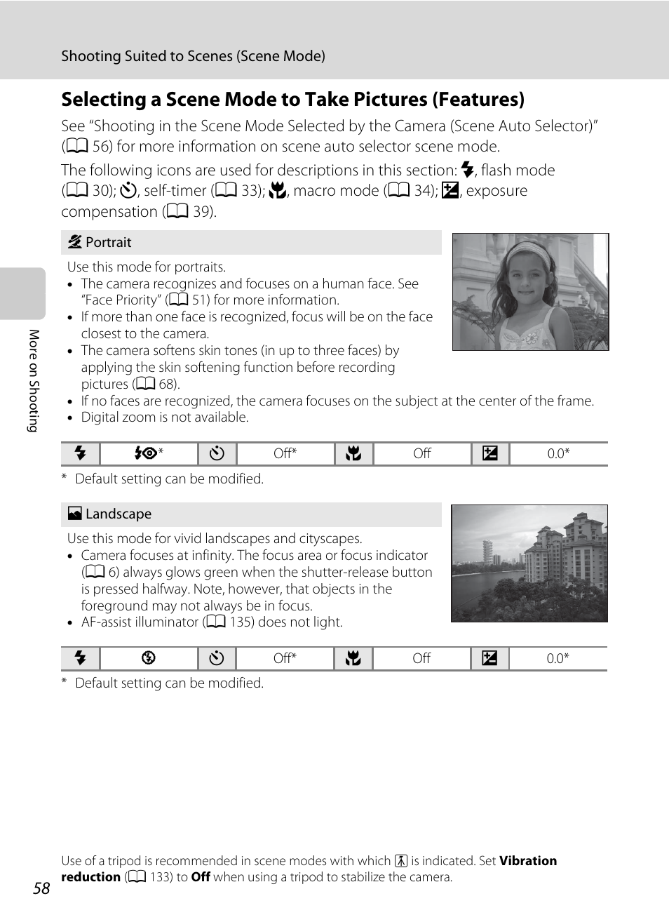 Selecting a scene mode to take pictures (features), A 58–64), A 58), and | A 58), A 58 | Nortel Networks COOLPIX S8000 User Manual | Page 70 / 184