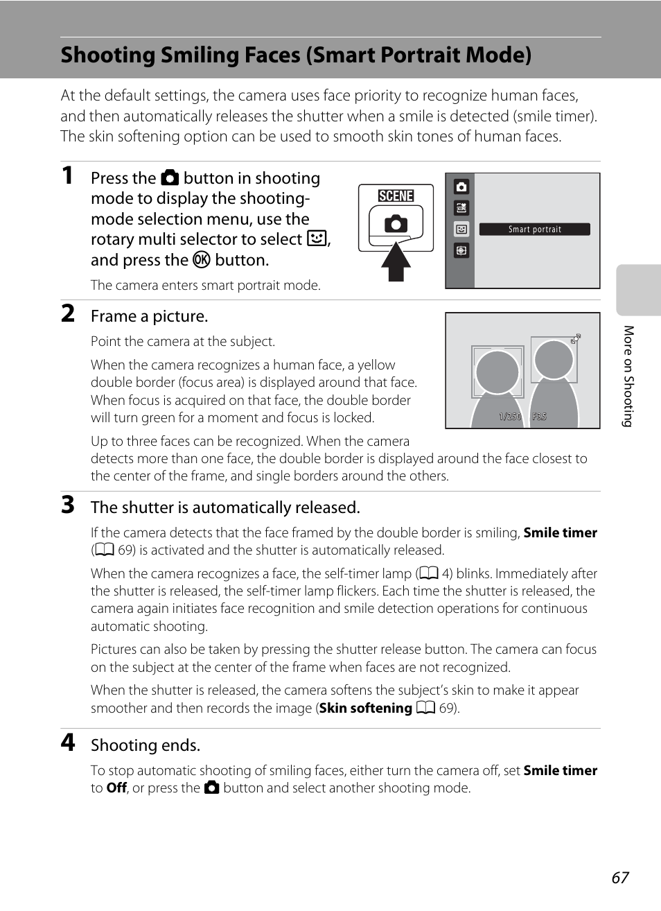 Shooting smiling faces (smart portrait mode), Mode, A 67) | A 67 | Nortel Networks COOLPIX S8000 User Manual | Page 79 / 184