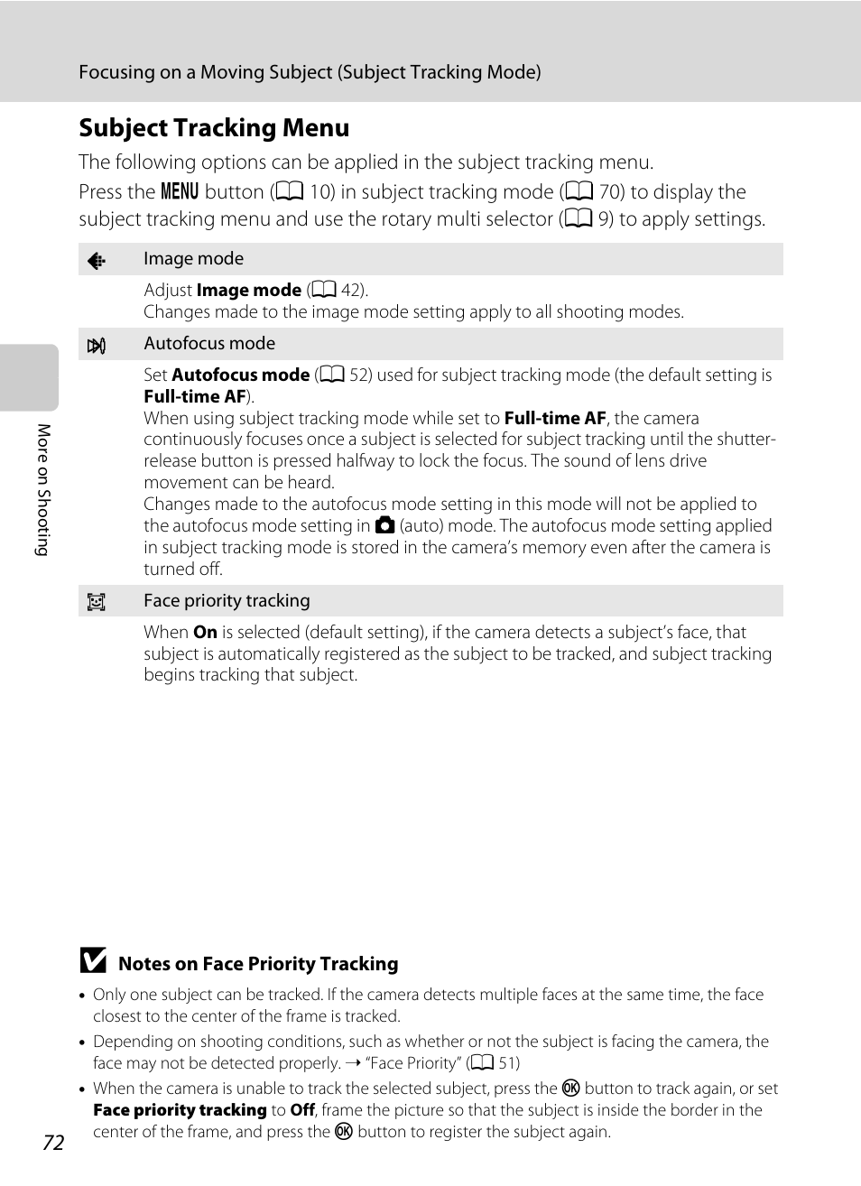 Subject tracking menu, A 72 | Nortel Networks COOLPIX S8000 User Manual | Page 84 / 184