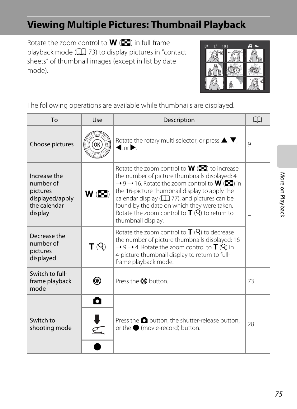 Viewing multiple pictures: thumbnail playback, F (h), G (i) | Nortel Networks COOLPIX S8000 User Manual | Page 87 / 184