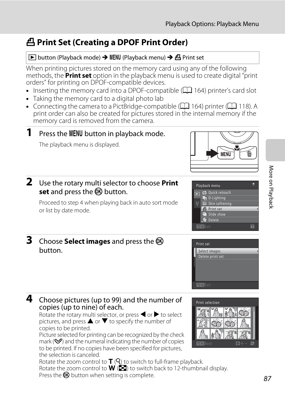 Print set (creating a dpof print order), A print set (creating a dpof print order), A 87) or | A 87, Press the d button in playback mode, Choose select images and press the k button | Nortel Networks COOLPIX S8000 User Manual | Page 99 / 184