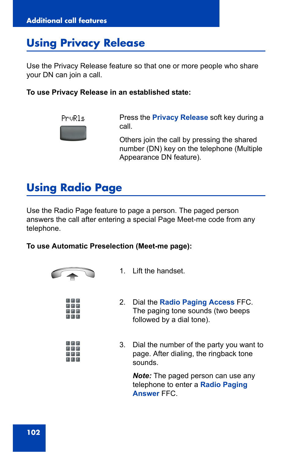 Using privacy release, Using radio page | Nortel Networks 2002 User Manual | Page 102 / 152