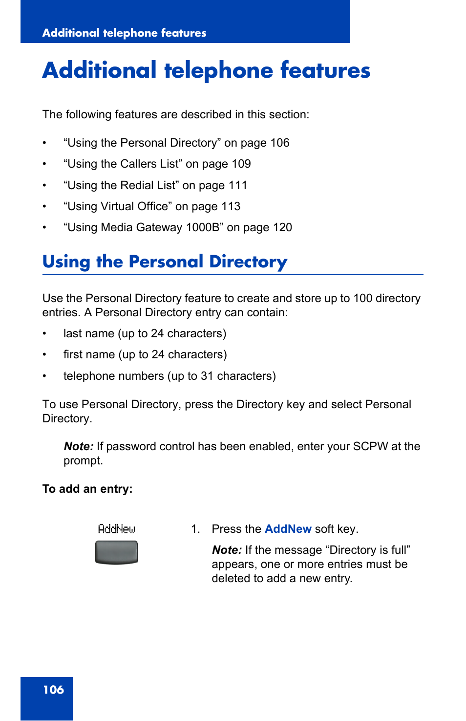 Additional telephone features, Using the personal directory | Nortel Networks 2002 User Manual | Page 106 / 152