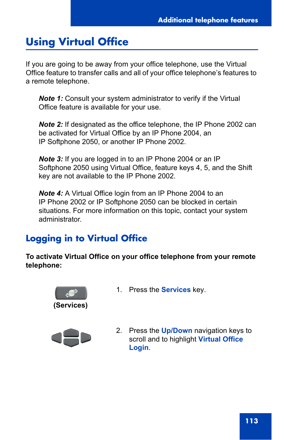 Using virtual office, Logging in to virtual office | Nortel Networks 2002 User Manual | Page 113 / 152