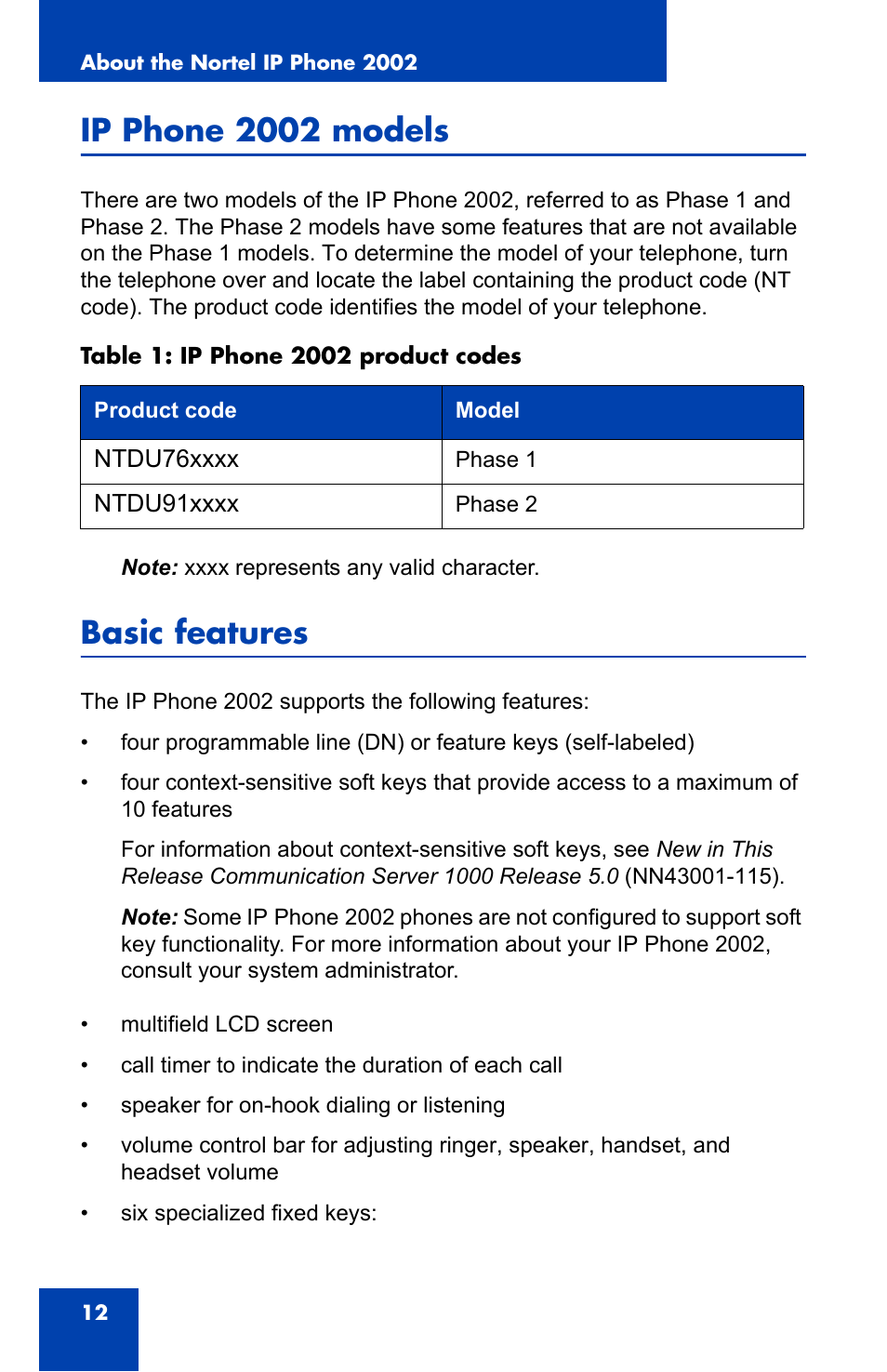 Ip phone 2002 models, Basic features | Nortel Networks 2002 User Manual | Page 12 / 152