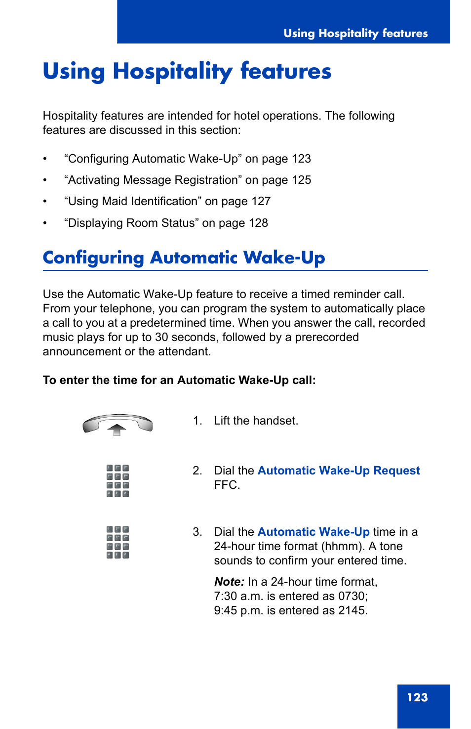 Using hospitality features, Configuring automatic wake-up | Nortel Networks 2002 User Manual | Page 123 / 152