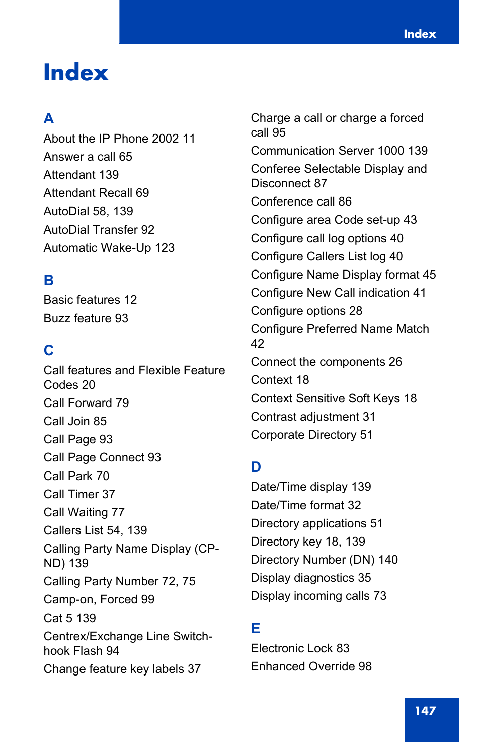 Index | Nortel Networks 2002 User Manual | Page 147 / 152