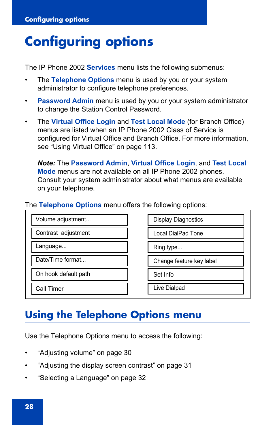 Configuring options, Using the telephone options menu | Nortel Networks 2002 User Manual | Page 28 / 152