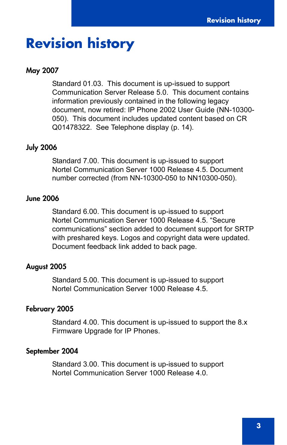Revision history | Nortel Networks 2002 User Manual | Page 3 / 152