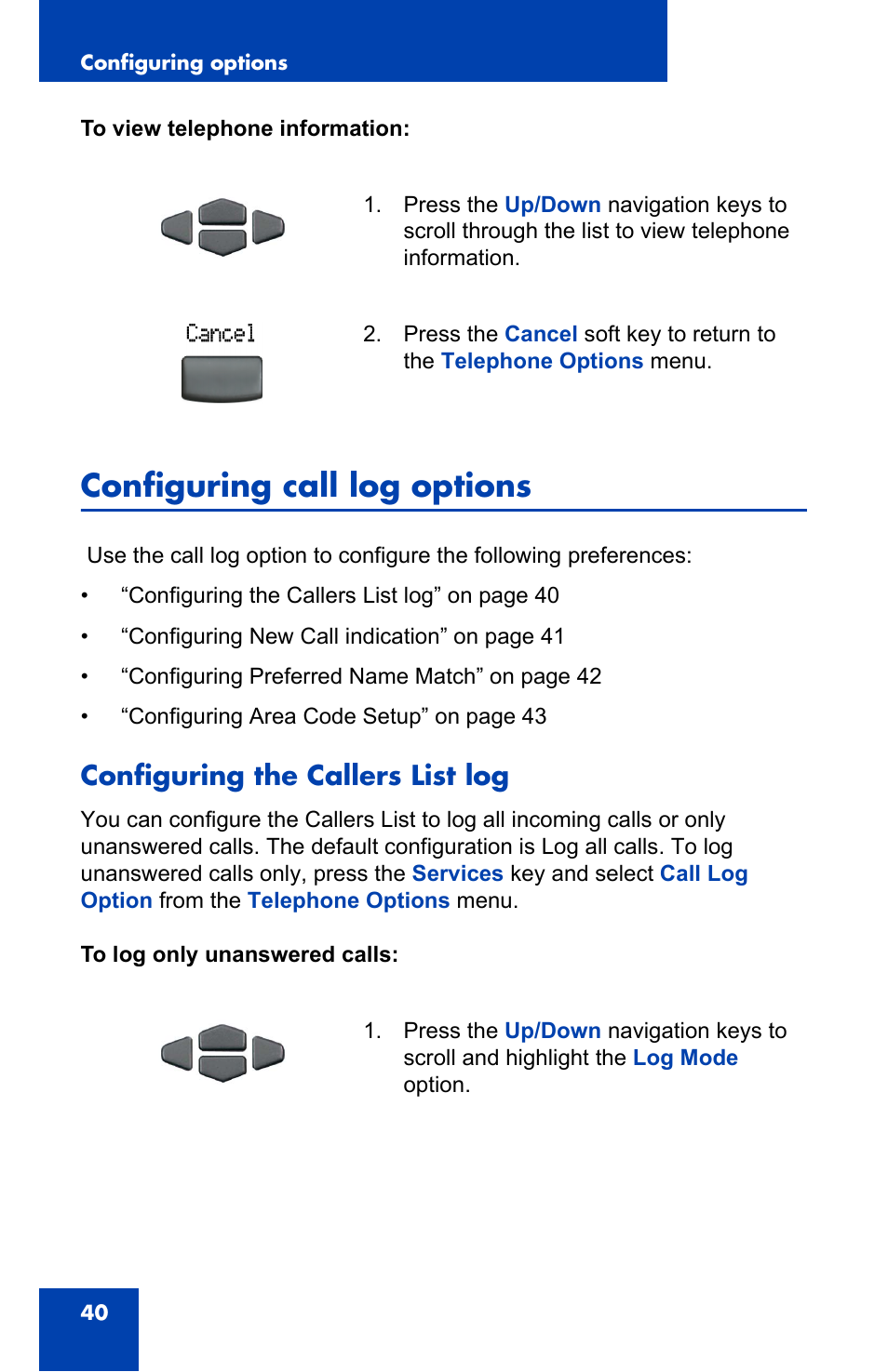 Configuring call log options, Configuring the callers list log | Nortel Networks 2002 User Manual | Page 40 / 152